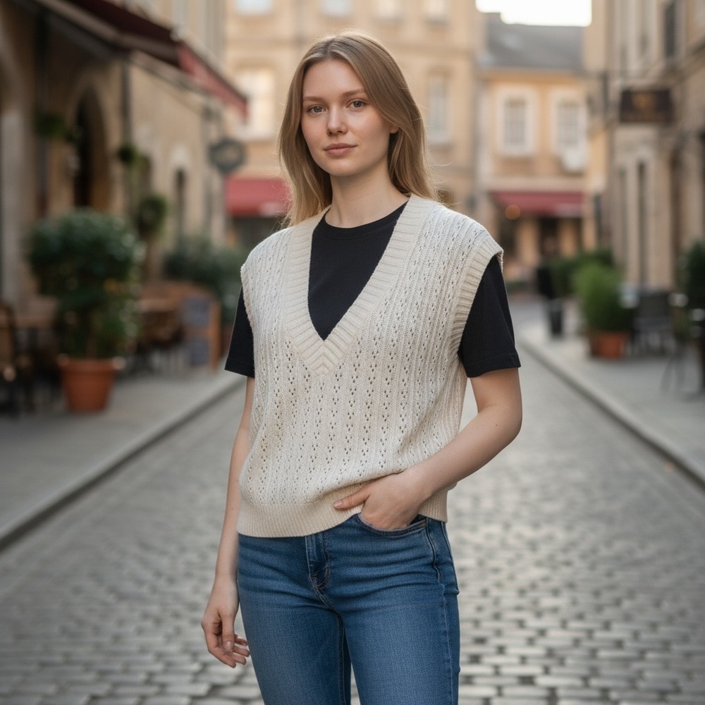 Lightweight oversized cabled ivory sweater vest women’s size M